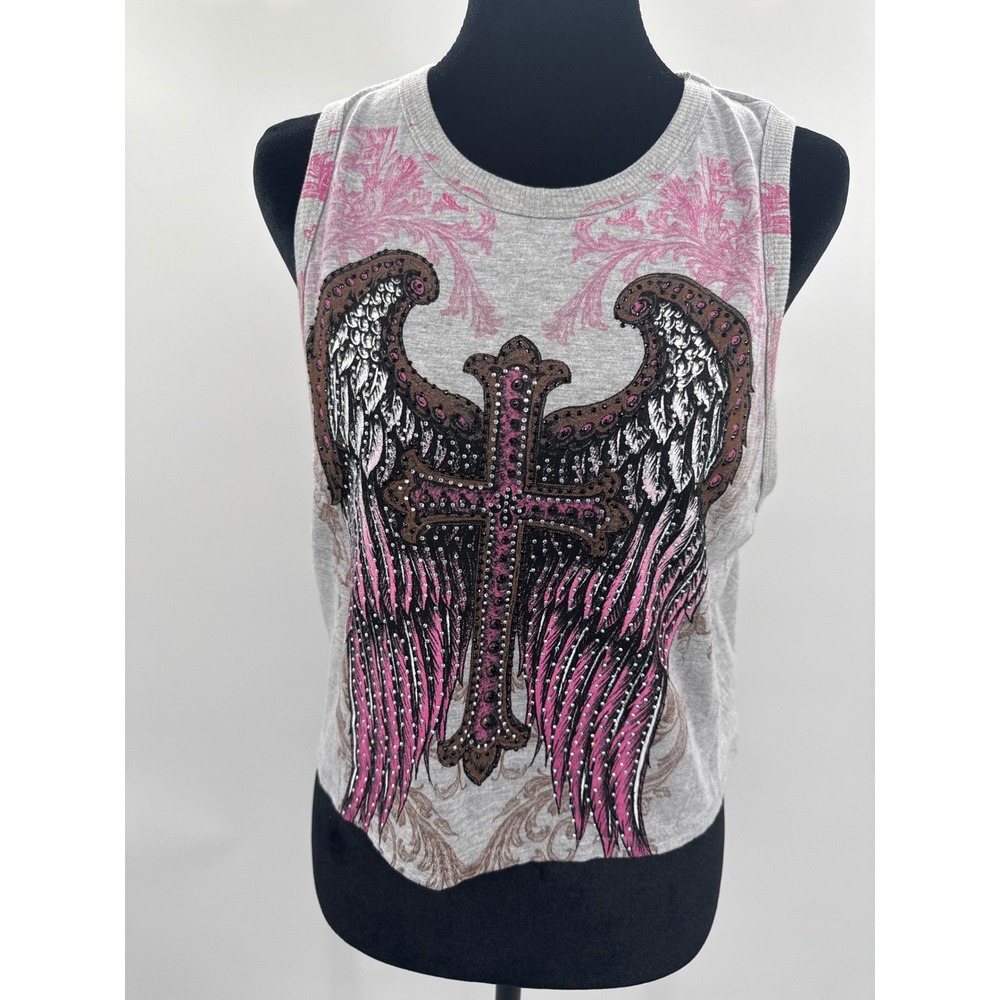 Vocal Women XL Gray Rhinestone Cross Angel Wings Muscle Tank Top 19439T NWT
